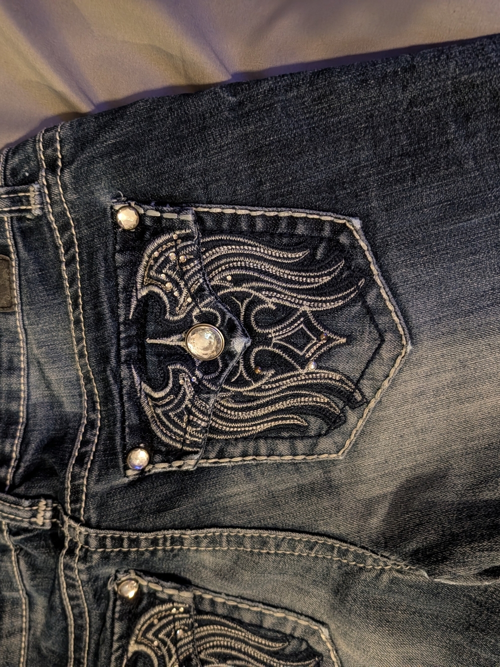 ZCO Jeans Dark Wash Jeans with Ornate White Embroidery and Rhinestone Accent